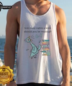 Child wearing a 'How Many Nights a Week Should You Be Reading?' tank top featuring Pigeon, Elephant, and Piggie designs.