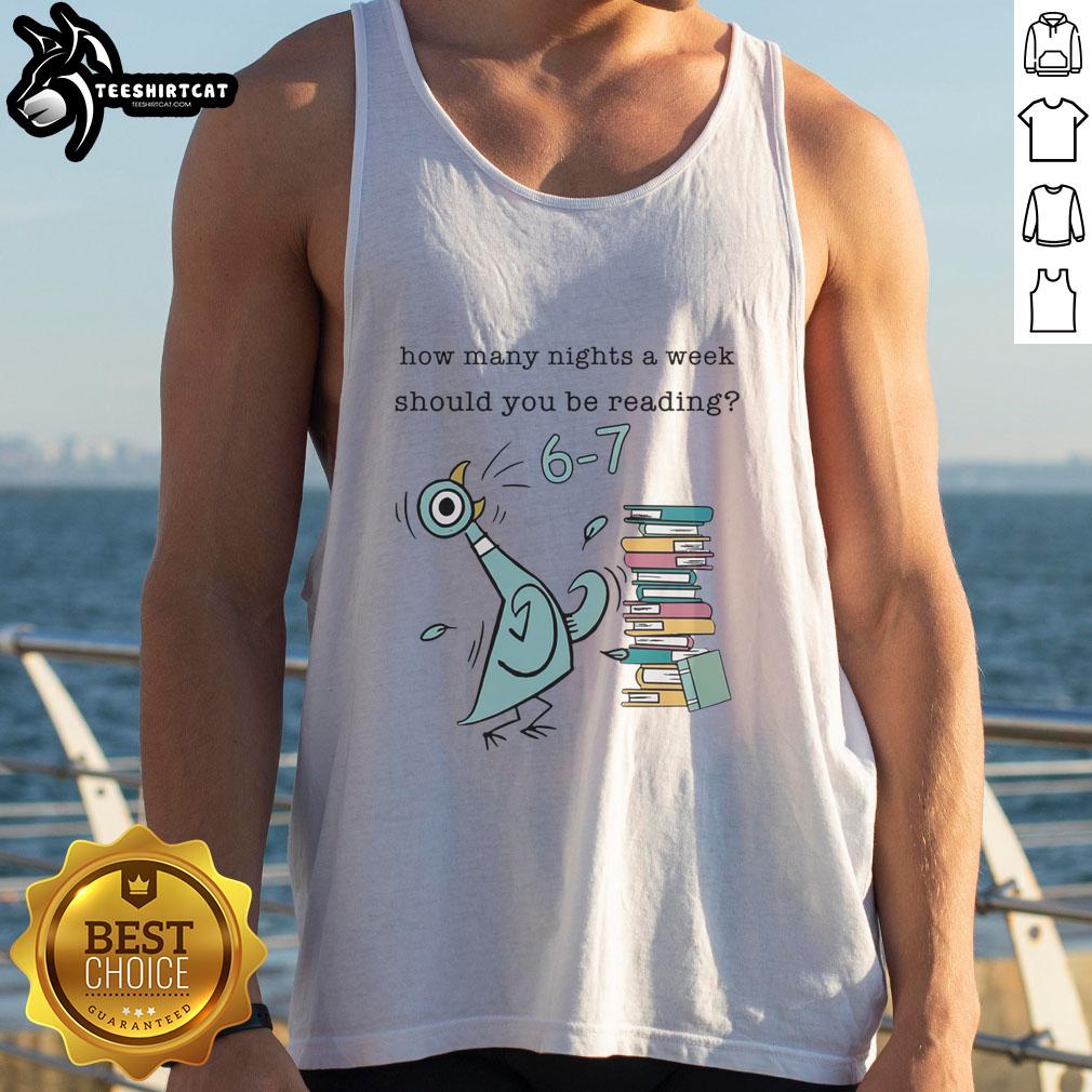 hot-how-many-nights-a-week-should-you-be-reading-6-7-pigeon-elephant-piggie-childrens-books-tank-top Child wearing a 'How Many Nights a Week Should You Be Reading?' tank top featuring Pigeon, Elephant, and Piggie designs.