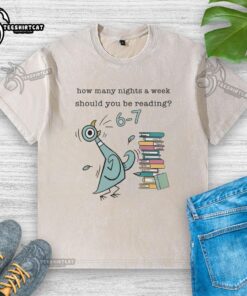 Child reading '6-7 Pigeon Elephant Piggie' books on a washed t-shirt, exploring how many nights a week to read.