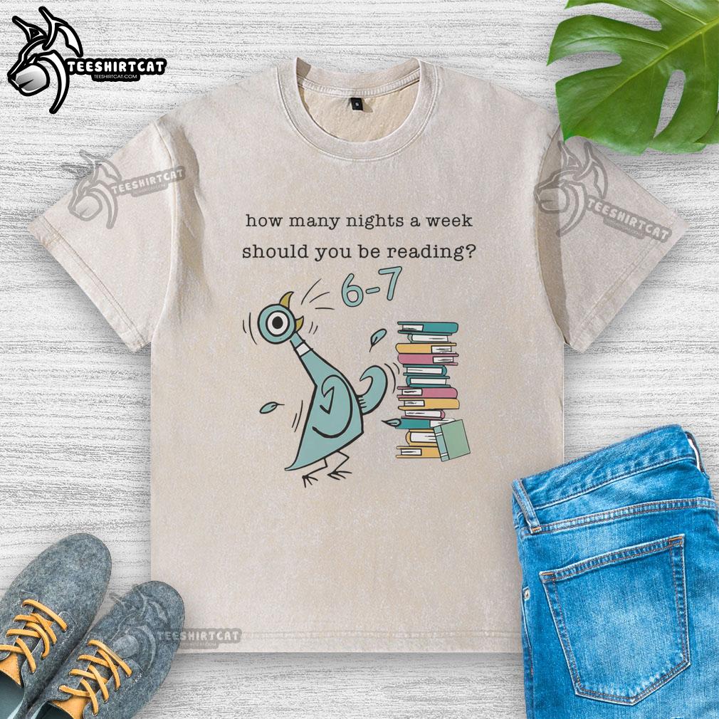 hot-how-many-nights-a-week-should-you-be-reading-6-7-pigeon-elephant-piggie-childrens-books-washed-t-shirt Child reading '6-7 Pigeon Elephant Piggie' books on a washed t-shirt, exploring how many nights a week to read.