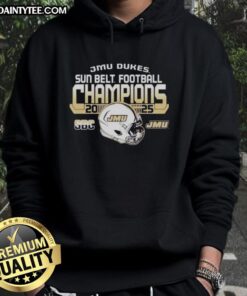 Alt Text: 2025 Hot James Madison University Dukes Sun Belt Football Champions hoodie in navy blue with team logo.