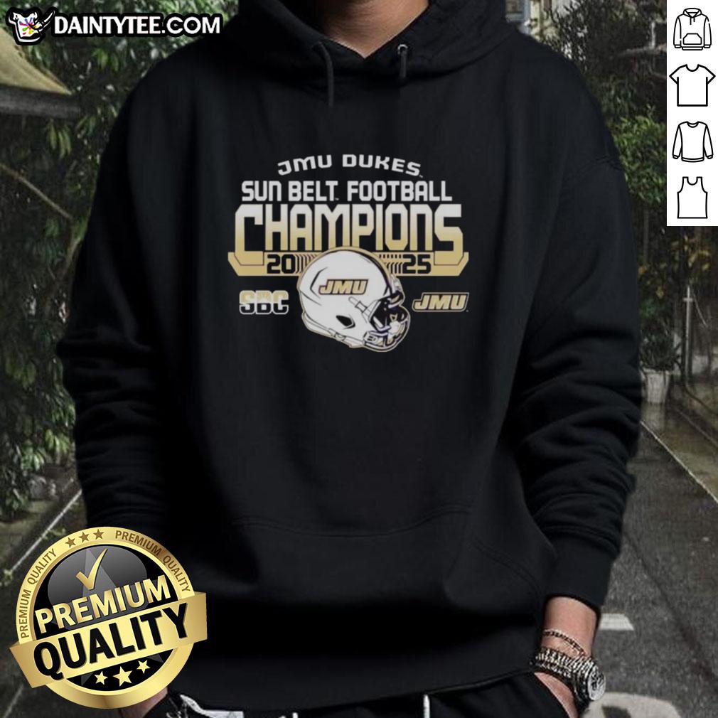 hot-james-madison-university-dukes-sun-belt-football-champions-2025-hoodie Alt Text: 2025 Hot James Madison University Dukes Sun Belt Football Champions hoodie in navy blue with team logo.