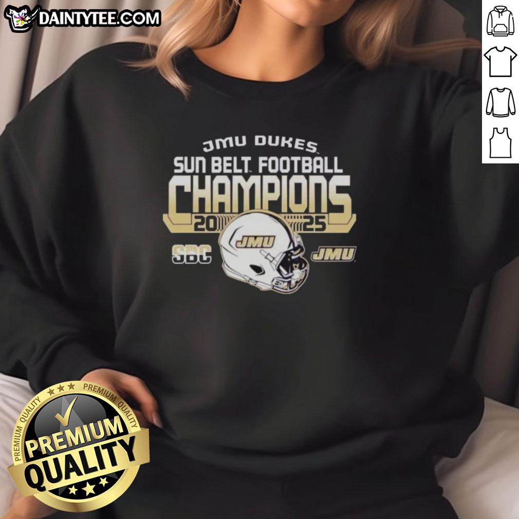 hot-james-madison-university-dukes-sun-belt-football-champions-2025-sweatshirt Hot James Madison University Dukes Sun Belt Football Champions 2025 Sweatshirt featuring team colors and logo.
