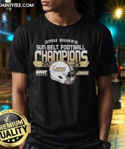 2025 Hot James Madison University Dukes Sun Belt Football Champions T-Shirt showcasing team pride and victory.