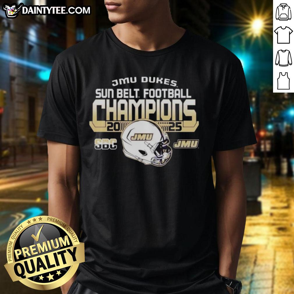 hot-james-madison-university-dukes-sun-belt-football-champions-2025-t-shirt-1 2025 Hot James Madison University Dukes Sun Belt Football Champions T-Shirt showcasing team pride and victory.