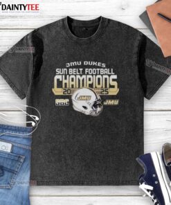 2025 James Madison University Dukes Sun Belt Football Champions washed t-shirt featuring team logo and vibrant colors.