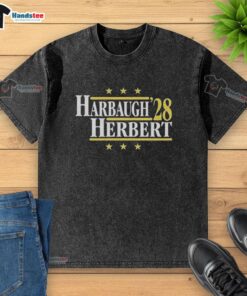 Hot Jim Harbaugh vs Justin Herbert Los Angeles Chargers 2028 washed t-shirt showcasing vibrant team colors and logos.