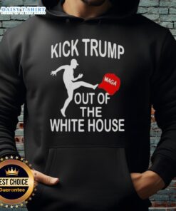 Hot Kick Trump MAGA red hat hoodie featuring bold graphics, perfect for fans of political apparel and statement fashion.
