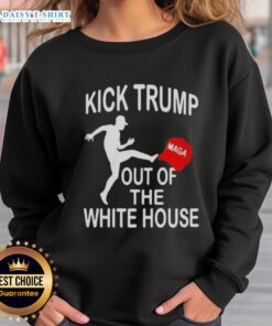 Alt Text: Trendy Hot Kick Trump MAGA red hat design on a cozy sweatshirt, perfect for expressing political style.