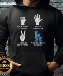 Stylish Los Angeles Dodgers hoodie featuring playful 'Rock, Paper, Scissors' graphic - perfect for fans.