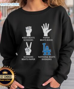Hot Los Angeles Dodgers sweatshirt featuring a playful design with rock, paper, scissors theme for fans.