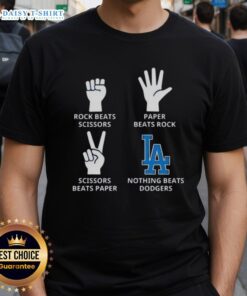 Hot Los Angeles Dodgers T-Shirt featuring 'Nothing Beats Rock, Scissors, Paper Beats Rock' design in vibrant colors.