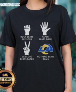 Hot Los Angeles Rams ladies tee featuring 'Rock Beats Scissors, Paper Beats Rock, Scissors Beats Paper' design.