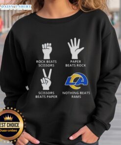 Stylish Hot Los Angeles Rams sweatshirt featuring 'Rock Beats Scissors, Paper Beats Rock' design for fans.