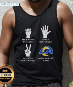 Hot Los Angeles Rams tank top featuring a playful design: Rock beats scissors, paper beats rock, scissors beats paper.