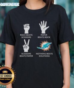 Hot Miami Dolphins ladies tee featuring the phrase 'Nothing Beats Rock, Paper, Scissors' in vibrant colors.