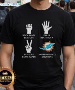 Hot Miami Dolphins t-shirt featuring 'Nothing Beats Rock Beats Scissors Paper Beats Rock Scissors Beats Paper' design.