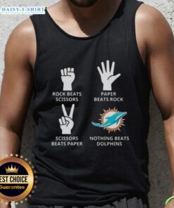 Alt Text: Hot Miami Dolphins tank top featuring the phrase 'Nothing Beats Rock, Paper, Scissors' in vibrant colors.