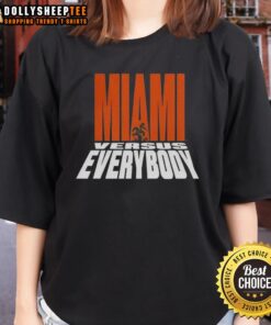 Alt Text: Hot Miami Hurricanes football Miami Versus Everybody mascot silhouette on a stylish ladies tee shirt design.