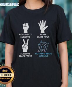 Hot Miami Marlins ladies tee featuring 'Nothing Beats Rock, Scissors, Paper Beats Rock, Scissors Beats Paper' design.