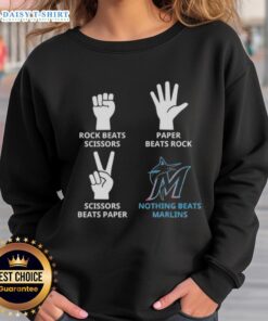 Hot Miami Marlins sweatshirt featuring a fun rock, paper, scissors graphic, perfect for fans and casual wear.
