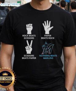 Hot Miami Marlins T-shirt featuring 'Nothing Beats Rock Beats Scissors Paper Beats Rock Scissors Beats Paper' design.