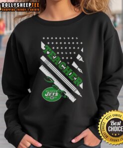 Hot New York Jets football sweatshirt featuring American flag design, perfect for fans and teachers alike.