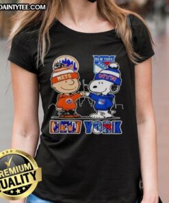 Hot New York Mets and New York Rangers Snoopy ladies tee featuring vibrant graphics and comfortable fit.