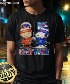 Hot New York Mets New York Rangers Snoopy T-Shirt featuring vibrant graphics of Snoopy in team colors for sports fans.