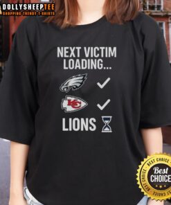 Hot Next Victim Loading Lions Hourglass Ladies Tee featuring a stylish graphic design on a trendy women's t-shirt.