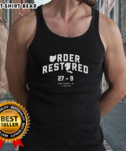 Ann Arbor tank top featuring the phrase 'Hot Order Restored 29-9' in vibrant colors, perfect for casual wear.
