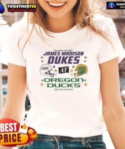 Alt Text: Oregon Ducks vs James Madison Dukes 2025 CFP first round matchup helmet featured on a ladies tee shirt.