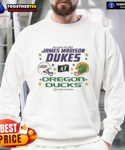 Hot Oregon Ducks vs James Madison Dukes 2025 CFP First Round Matchup sweatshirt featuring team helmets and vibrant design.