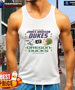 Alt Text: Hot Oregon Ducks vs James Madison Dukes 2025 CFP first round matchup helmet tank top design featuring team colors.