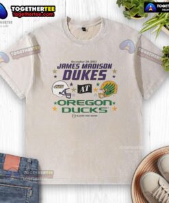 Alt Text: Hot Oregon Ducks vs James Madison Dukes 2025 CFP first round matchup helmet and washed t-shirt displayed together.