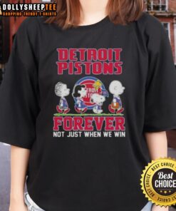 Hot Peanuts Snoopy and Friends Detroit Pistons Forever tee for ladies showcasing team spirit and playful design.