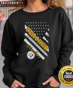 Alt Text: Hot Pittsburgh Steelers football X teacher American flag sweatshirt, perfect for fans and educators alike.