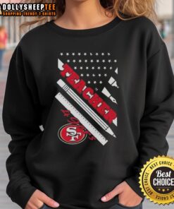 Cozy Hot San Francisco 49ers football sweatshirt featuring a teacher design and American flag graphic.