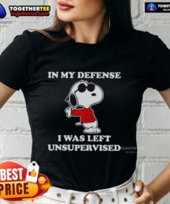 Hot Snoopy Joe Cool 'In My Defense I Was Left Unsupervised' Ladies Tee featuring fun graphic design and vibrant colors.