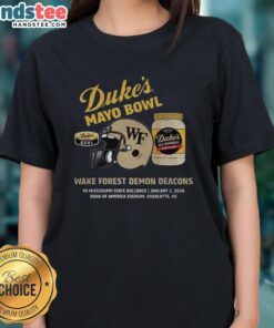 Alt Text: Ladies tee featuring Hot Wake Forest Demon Deacons logo for the 2026 Dukes Mayo Bowl, perfect for fans.