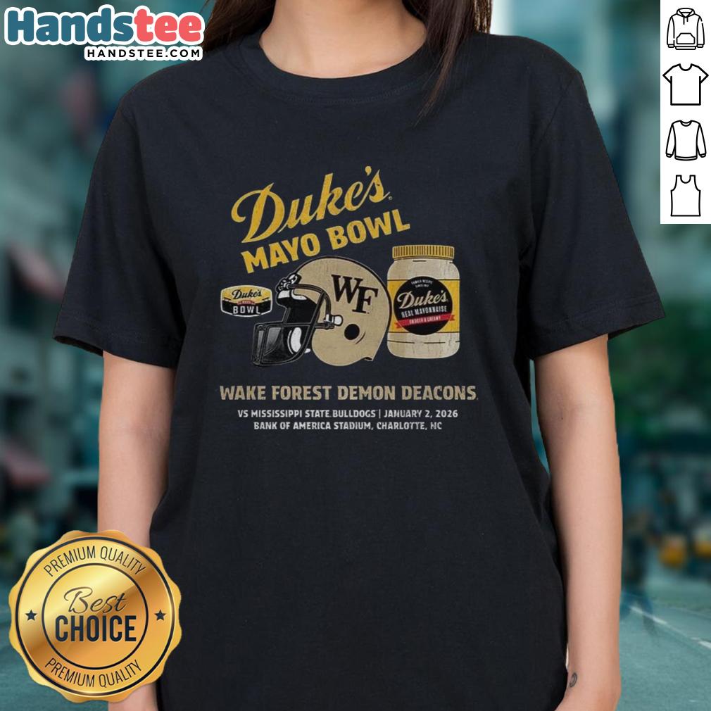 hot-wake-forest-demon-deacons-2026-dukes-mayo-bowl-ladies-tee Alt Text: Ladies tee featuring Hot Wake Forest Demon Deacons logo for the 2026 Dukes Mayo Bowl, perfect for fans.