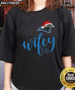 Hot Wifey Carolina Panthers Santa Hat Merry Christmas Ladies Tee featuring festive design and team spirit for the holidays.