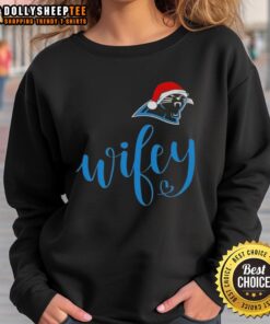 Hot Wifey Carolina Panthers Santa Hat Merry Christmas Sweatshirt displayed on a festive background, perfect for holiday cheer.