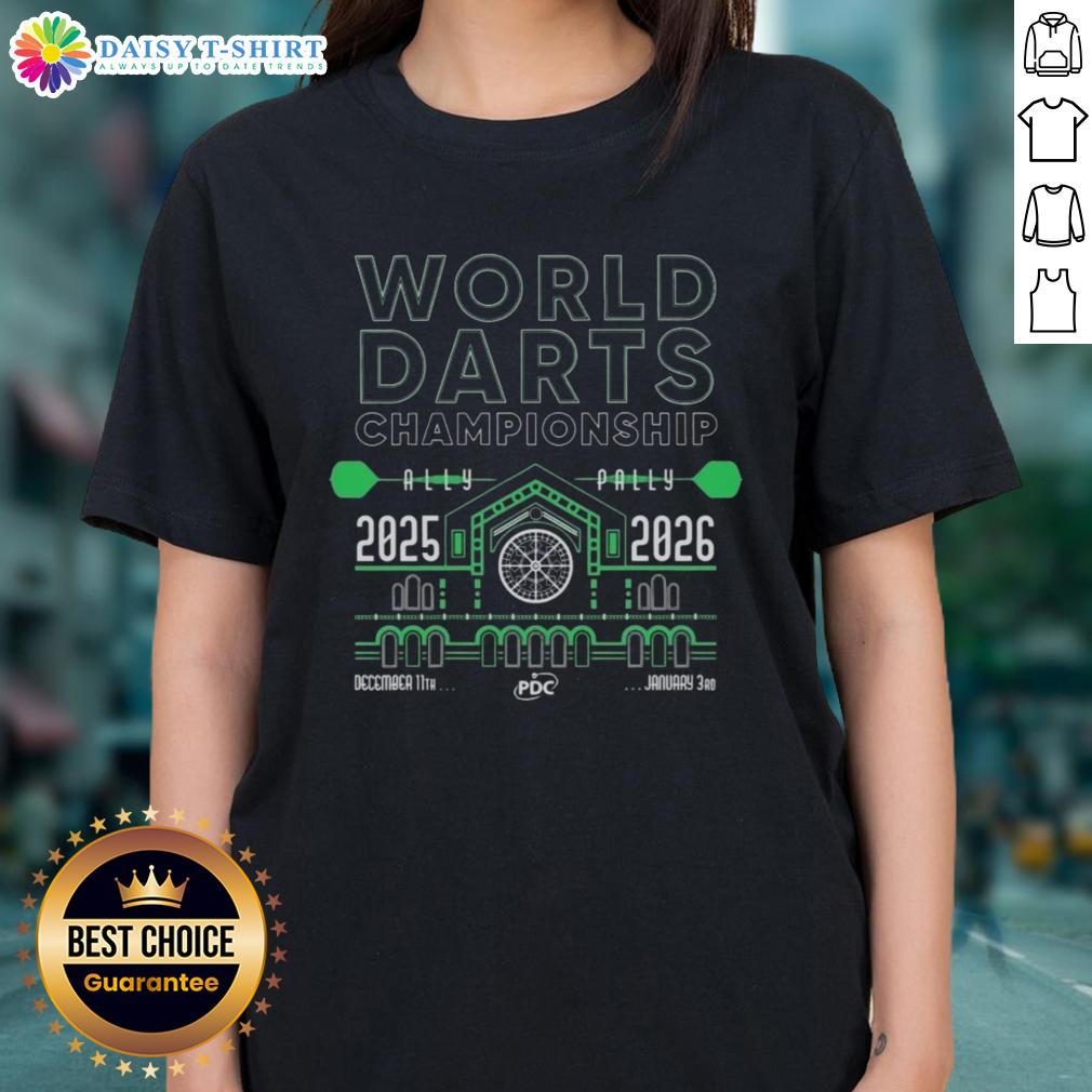 Hot World Darts Championship 2025 2026 Ladies Tee Alt Text: Hot World Darts Championship 2025-2026 Ladies Tee featuring vibrant design and darts-themed graphics.