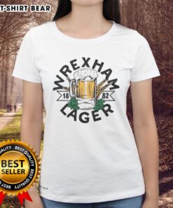 Hot Wrexham Lager 1882 mug featured on a ladies tee, showcasing vibrant design for beer lovers and fans.