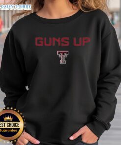 Alt Text: Awesome Texas Tech Red Raiders football logo sweatshirt featuring 'Guns Up' rally call design for fans.