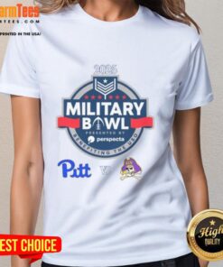 Official Pittsburgh Panthers vs. East Carolina Pirates 2025 Military Bowl ladies tee showcasing team logos and vibrant design.