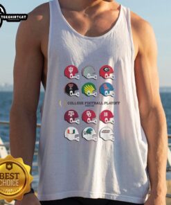 Nice 2025 CFP Field Toy Team Helmets tank top featuring vibrant team colors and playful helmet graphics.