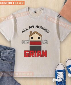 Grian-themed washed t-shirt featuring houses design, showcasing a unique style for Minecraft fans and fashion lovers.