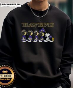 Nice Baltimore Ravens X Peanuts Snoopy and Friends Abbey Road sweatshirt featuring iconic characters in a fun design.